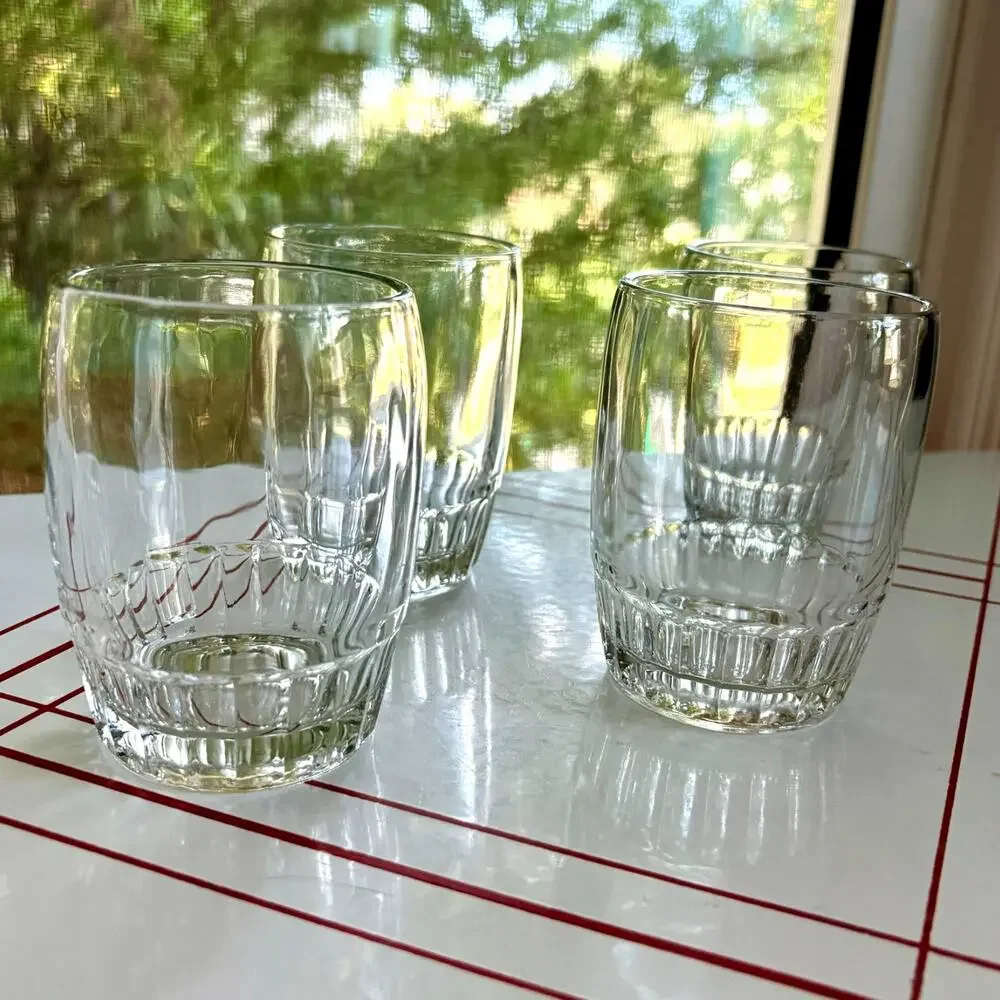 Vintage 1950s Anchor Hocking Barrel Glass Tumblers Set of 4 Clear 8 Oz Glasses